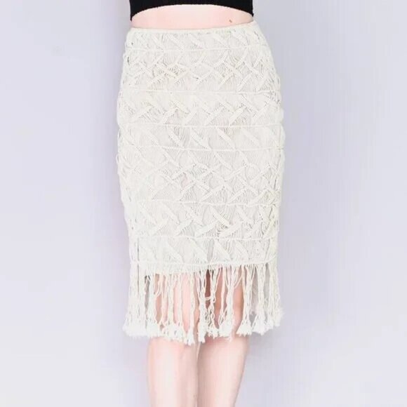LOVESHACKFANCY Womens Naomi Macrame Crochet Fringe Skirt Side Zip Cream Small - Picture 1 of 7